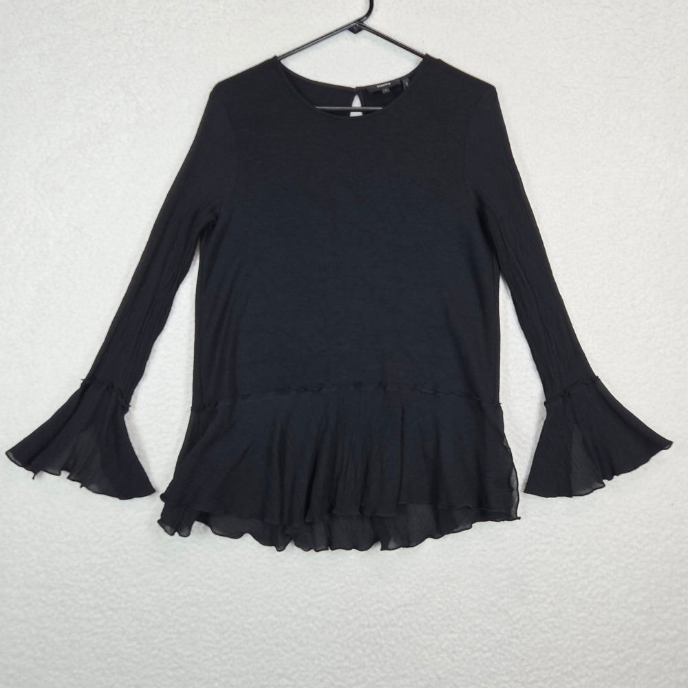 Theory Womens Top Large Lexanda C-Idol Peplum Bell Sleeve Silk Trim Black Wool